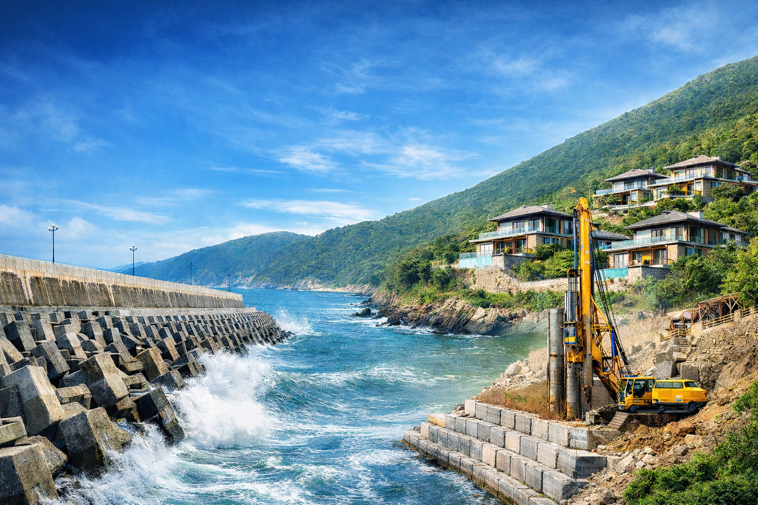 Công nghệ kè chắn sóng & xây dựng địa hình đồi núi của Vingroup tại Vinhomes Làng Vân